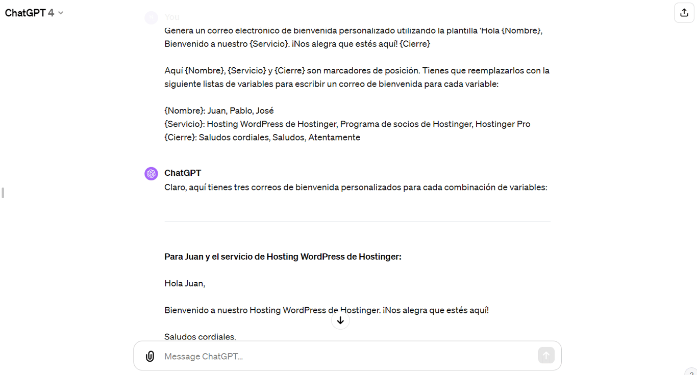 Ejemplo de plantilla personalizada en ChatGPT.
