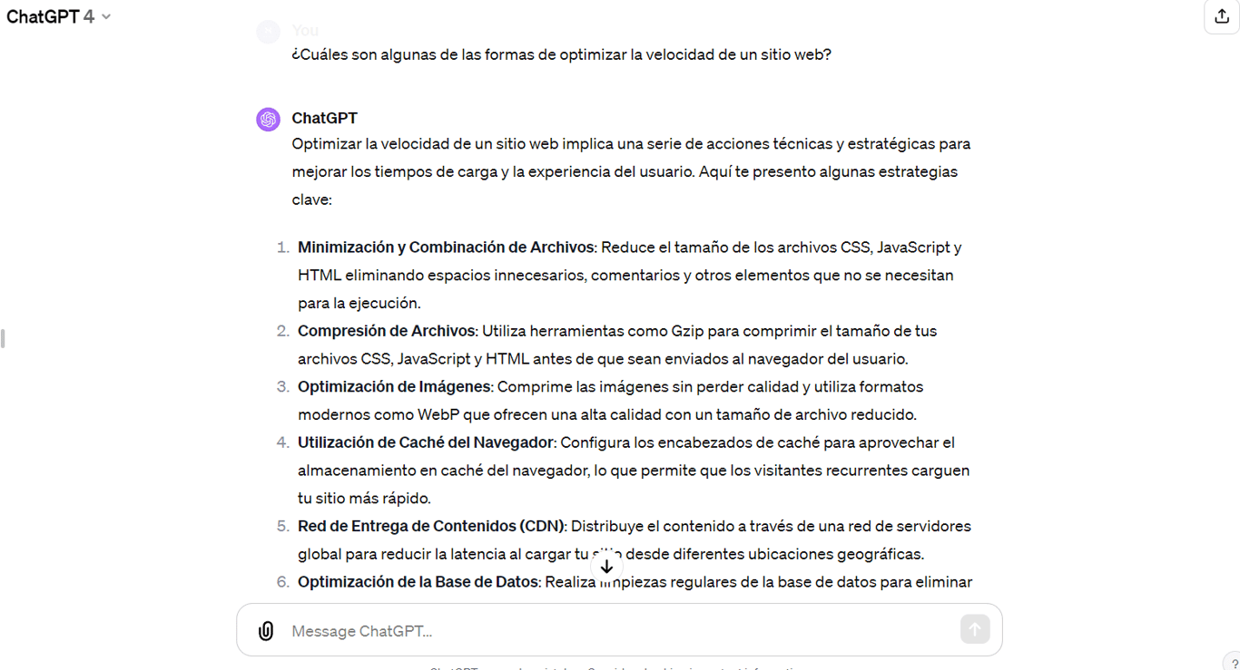 Ejemplo de pregunta sobre c&oacute;mo optimizar la velocidad de un sitio web en ChatGPT.
