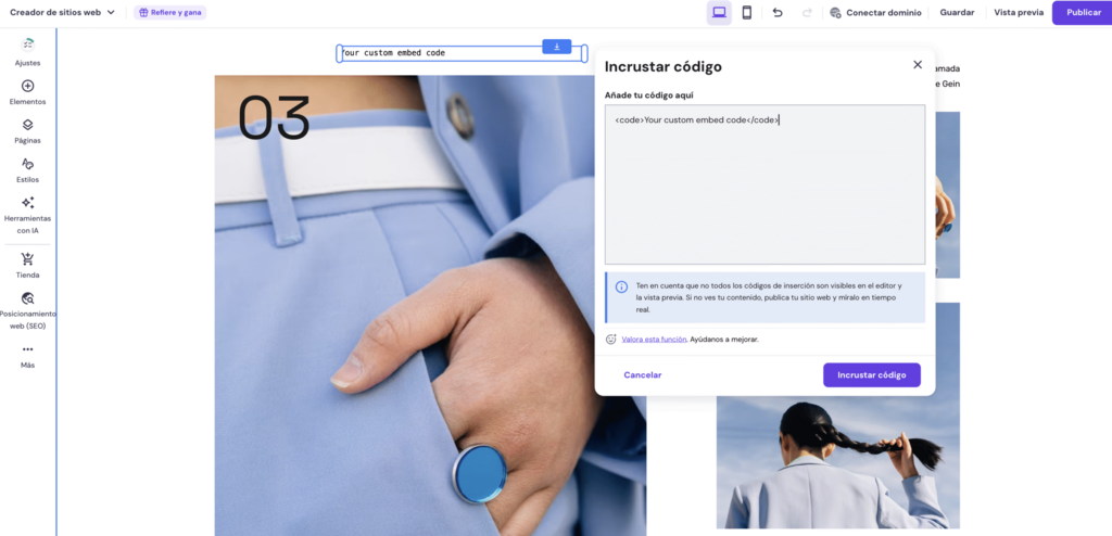 Función Incrustar código del Creador de Hostinger