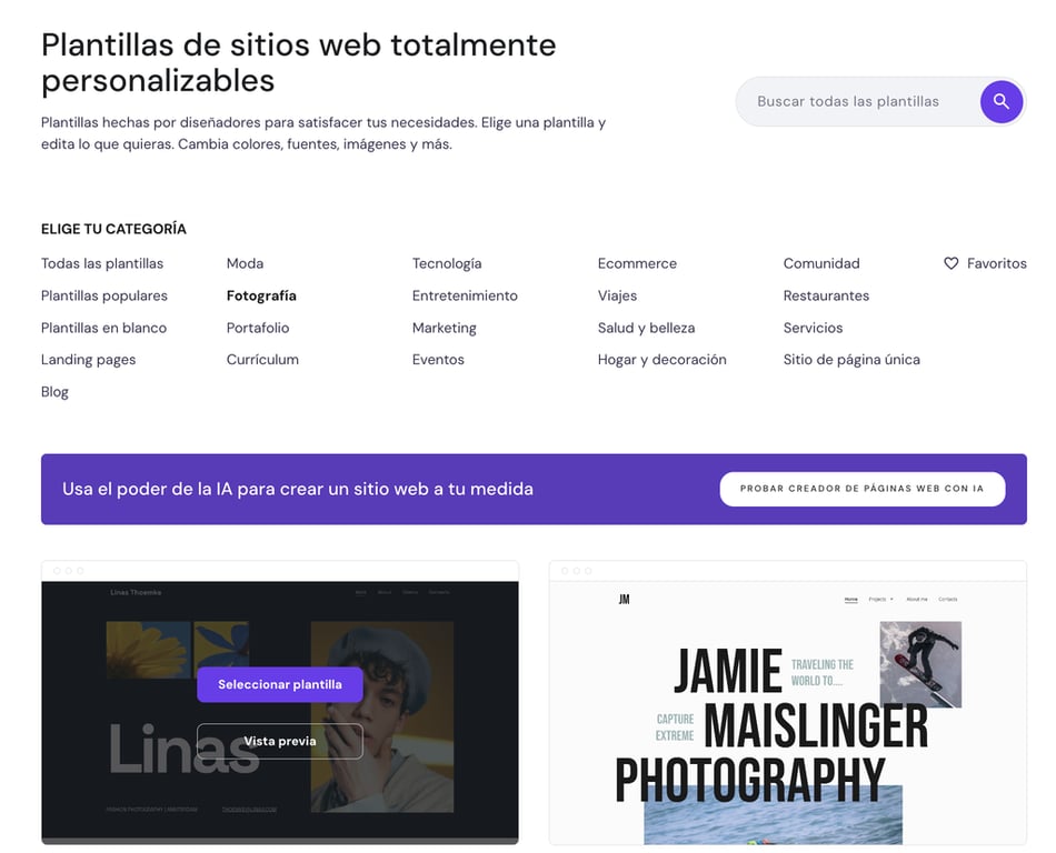 Plantillas de sitios web de Hostinger
