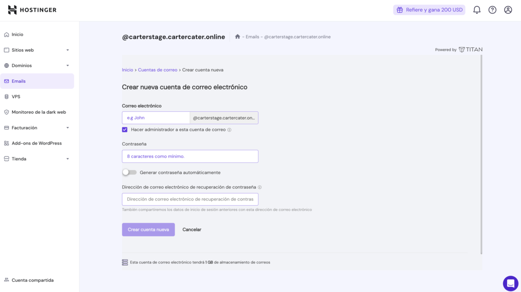 Configuraci&oacute;n de nuevo correo en hPanel