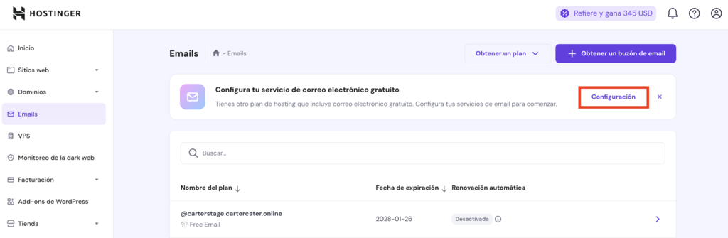 Sección de Emails de hPanel
