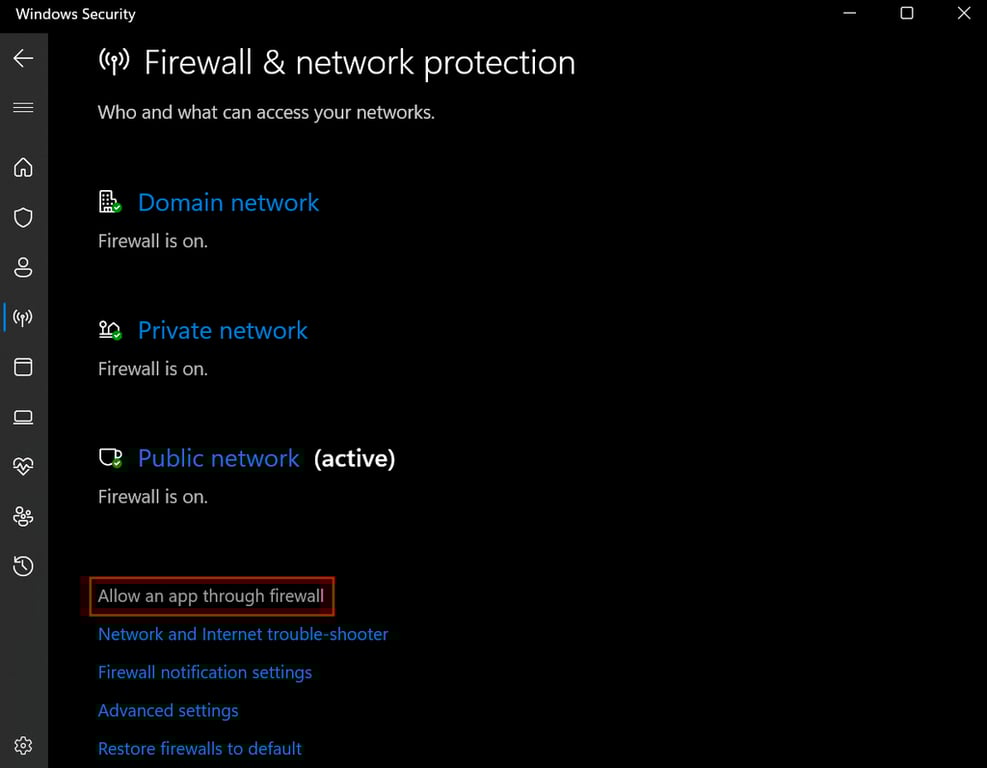 Opción Permitir una aplicación a través del cortafuegos de Windows