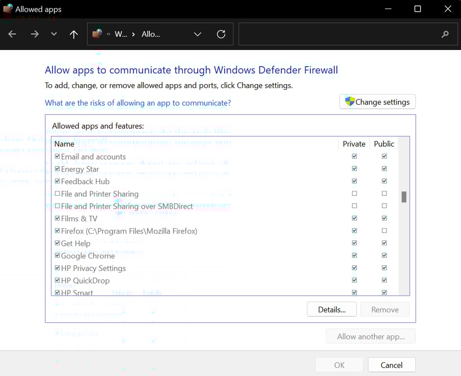 Ventana de aplicaciones a través del cortafuegos de Windows