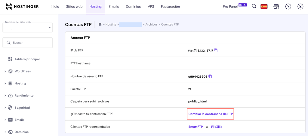 Secci&oacute;n de Cuentas FTP de hPanel