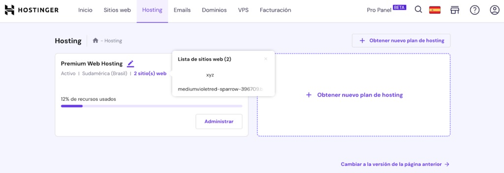 Secci&oacute;n de Hosting de hPanel