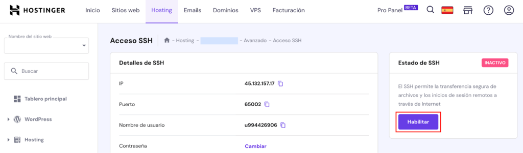 Secci&oacute;n Acceso SSH de hPanel 
