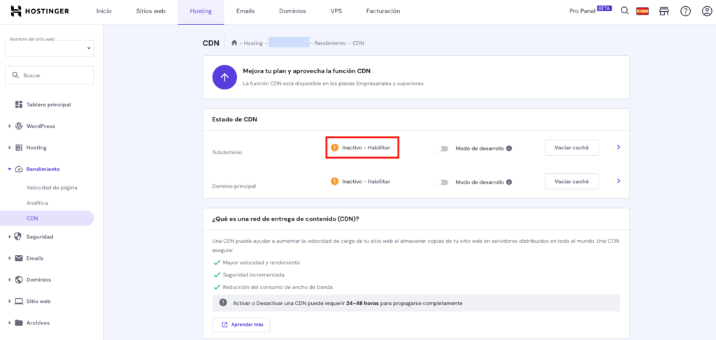 Men&uacute; de CDN en hPanel