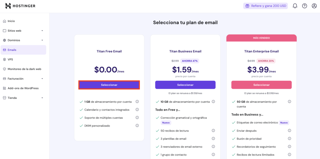 Planes de email de Hostinger