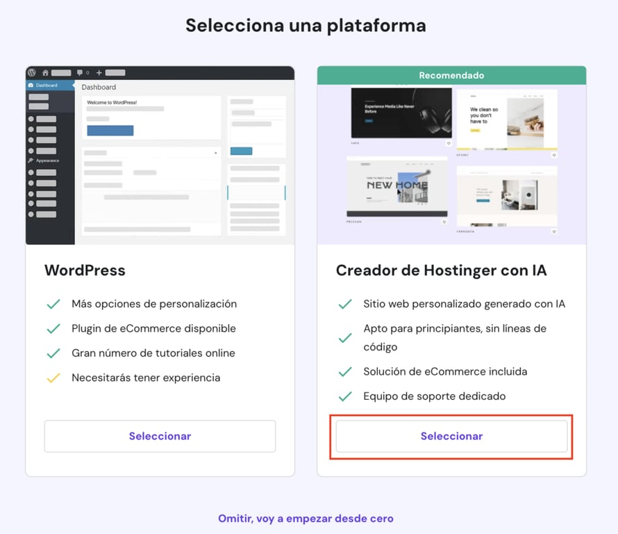 Seleccionar una plataforma en Hostinger