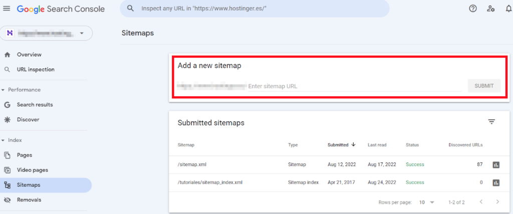 Secci&oacute;n de Sitemaps en Google Search Console