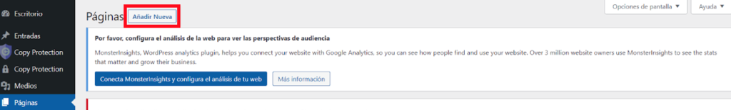 Secci&oacute;n de A&ntilde;adir Nueva p&aacute;gina en WordPress
