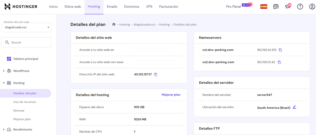 Detalles del plan en la página de inicio hPanel