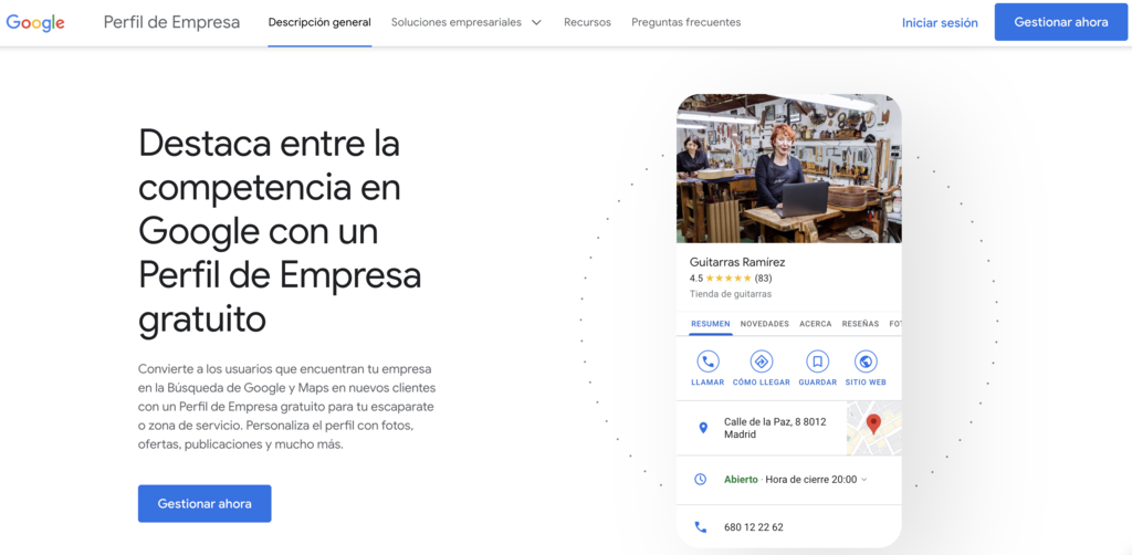 Sitio web de Google My Business