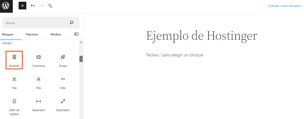 Opci&oacute;n Botones de WordPress Gutenberg