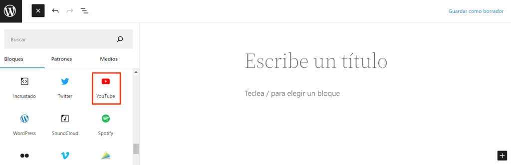 Opci&oacute;n de A&ntilde;adir video de YouTube de Gutenberg