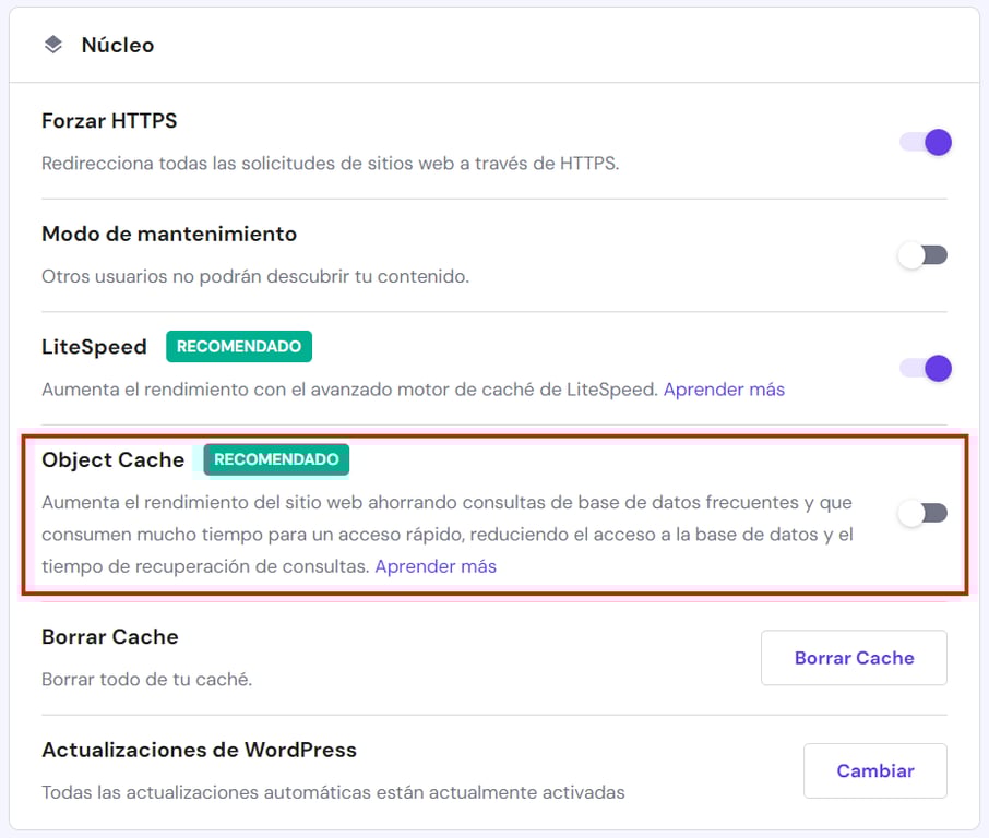 Opción para activar Object Cache en hPanel