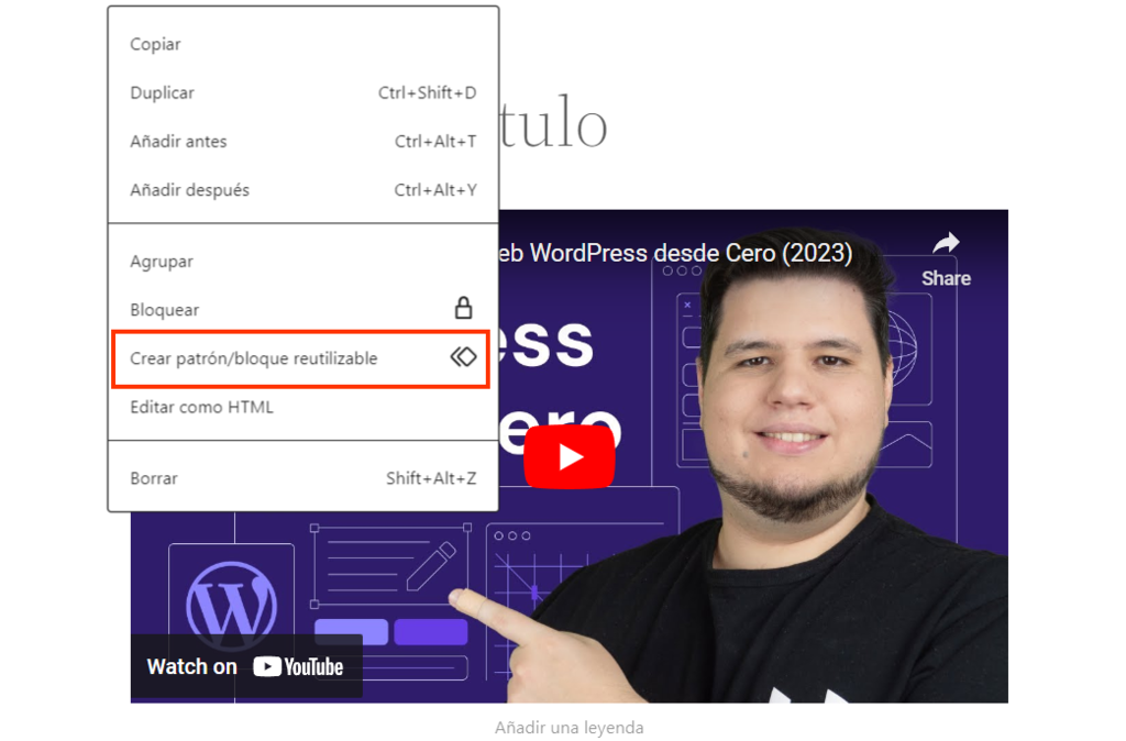 Opci&oacute;n para crear un patr&oacute;n/bloque reutilizable