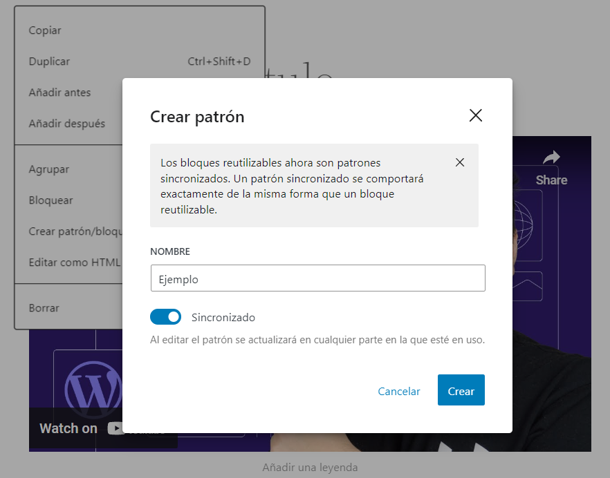 Opci&oacute;n para nombrar patr&oacute;n/bloque reutilizable