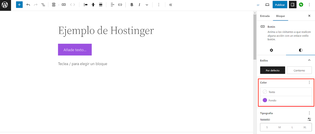 Opciones de Color de un bloque del editor Gutenberg