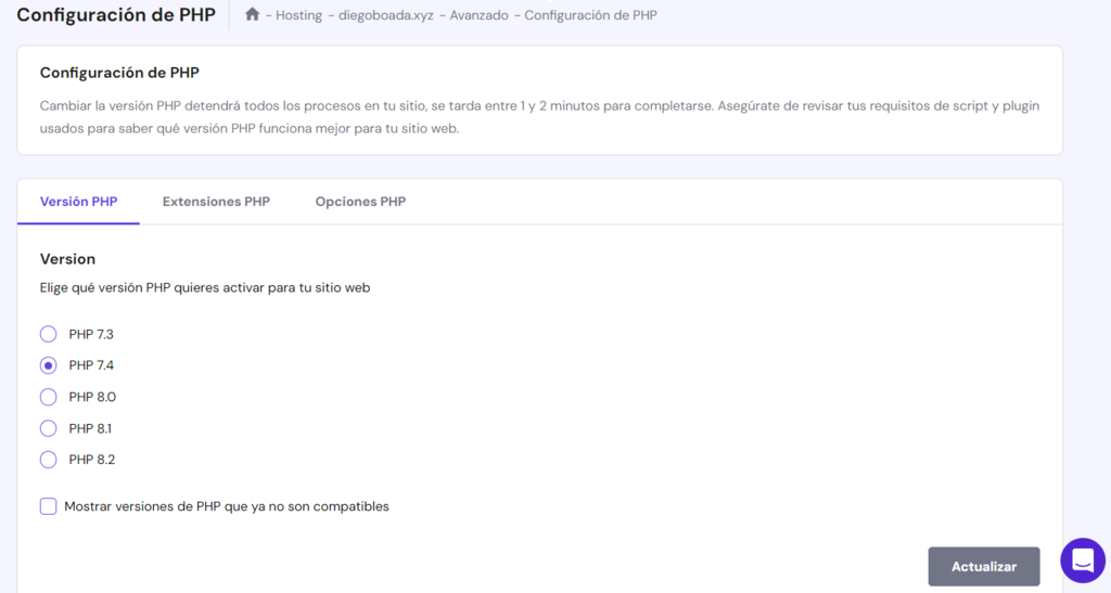 Opciones de Configuración de PHP de hPanel