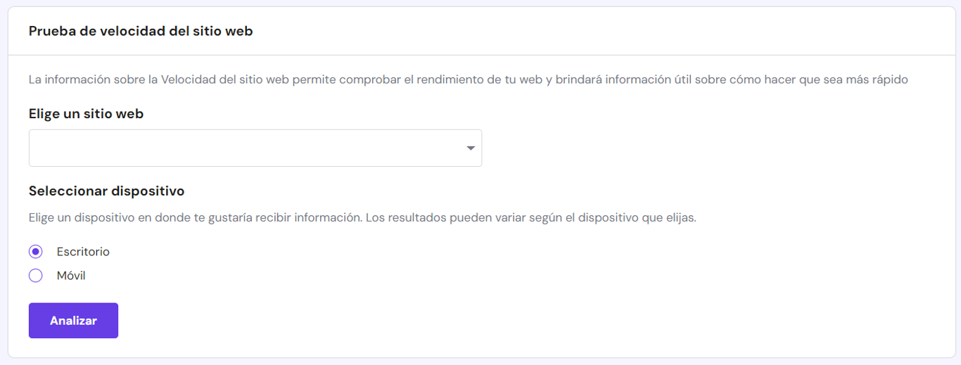 Opciones de Velocidad de la página en hPanel
