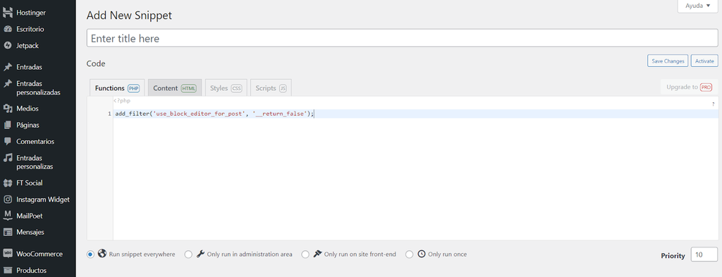 Plugin Code Snippets de WordPress