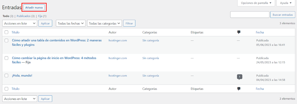 Sección Entradas de WordPress