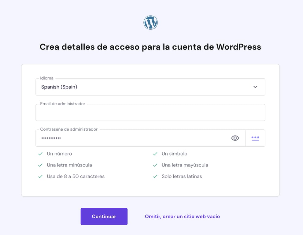 Detalles del sitio web de WordPress en hPanel