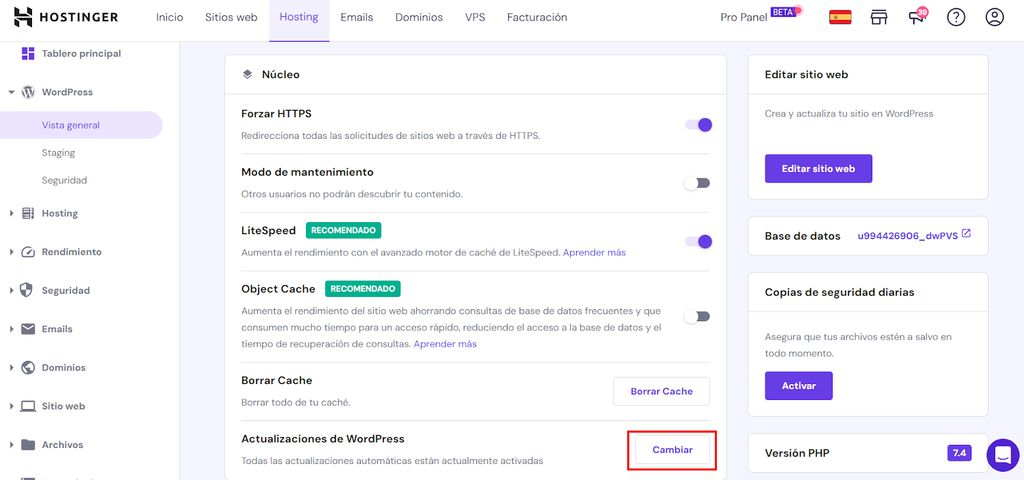 Vista general de WordPress en hPanel