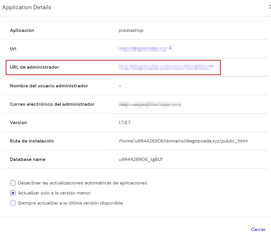Secci&oacute;n de Detalles de la aplicaci&oacute;n de hPanel