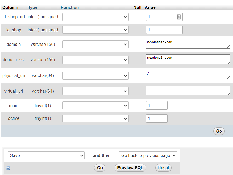 Secci&oacute;n para establecer el nuevo dominio en phpMyAdmin