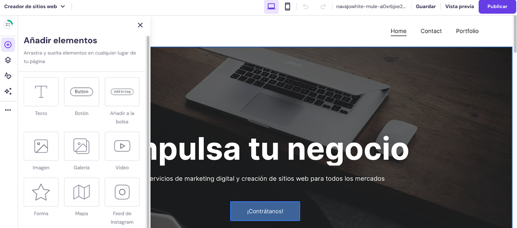 Secci&oacute;n de a&ntilde;adir elementos del constructor de Hostinger
