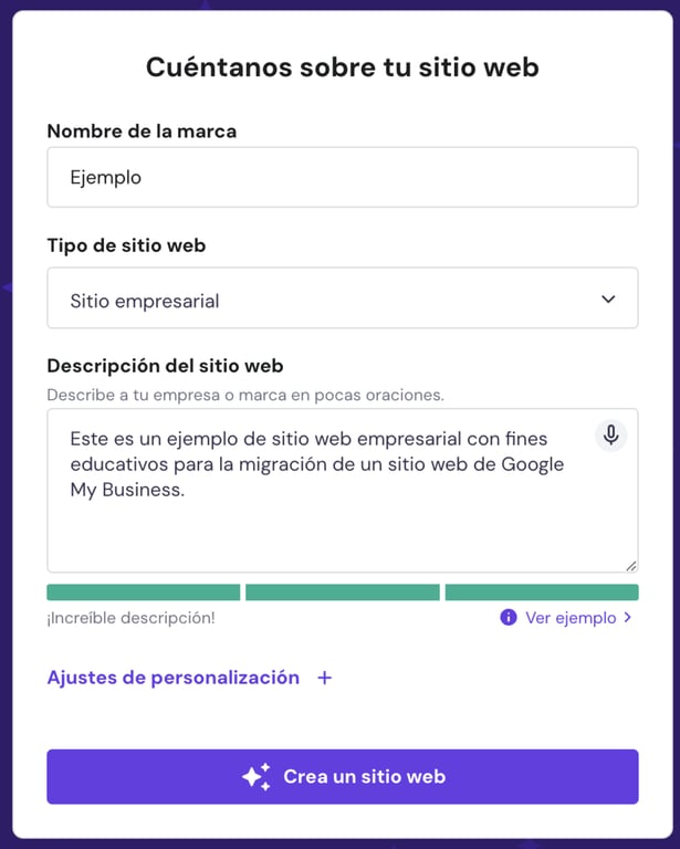 Descripción del sitio web para la IA de Hostinger