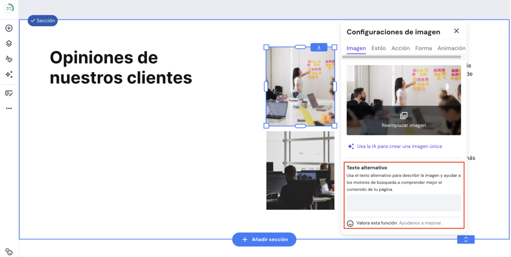 Secci&oacute;n de texto alternativo del constructor de Hostinger