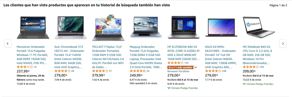 Ejemplo de las recomendaciones de productos que realiza Amazon