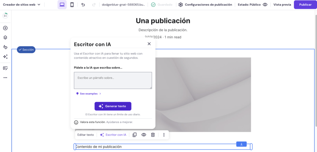 Sección para generar texto con IA de HWB