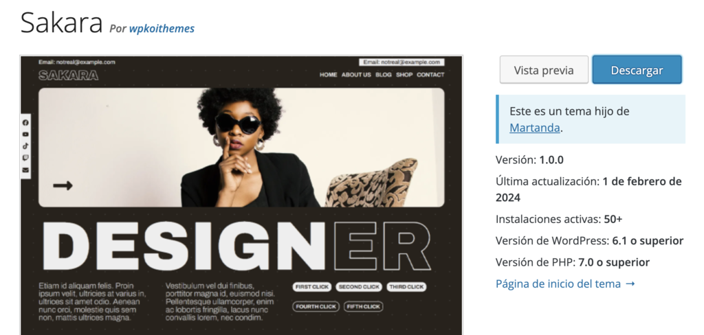 P&aacute;gina de Sakara en el directorio de temas de WordPress