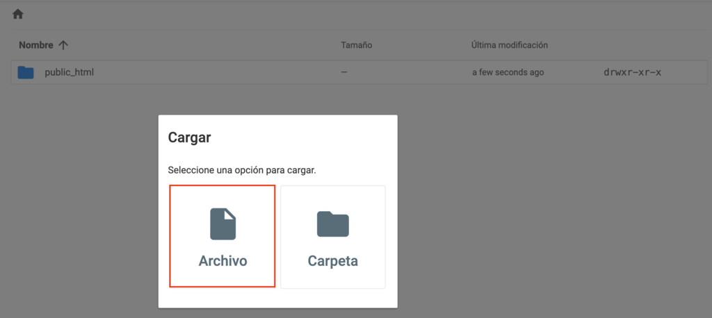 Opci&oacute;n para Cargar archivos en el Administrador de archivos de hPanel