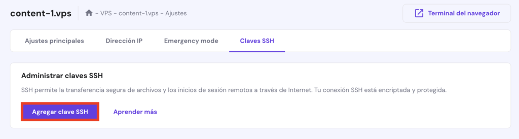 Secci&oacute;n de Claves SSH de hPanel