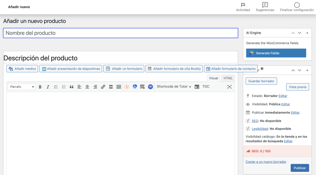 Secci&oacute;n para a&ntilde;adir nuevo producto en WooCommerce