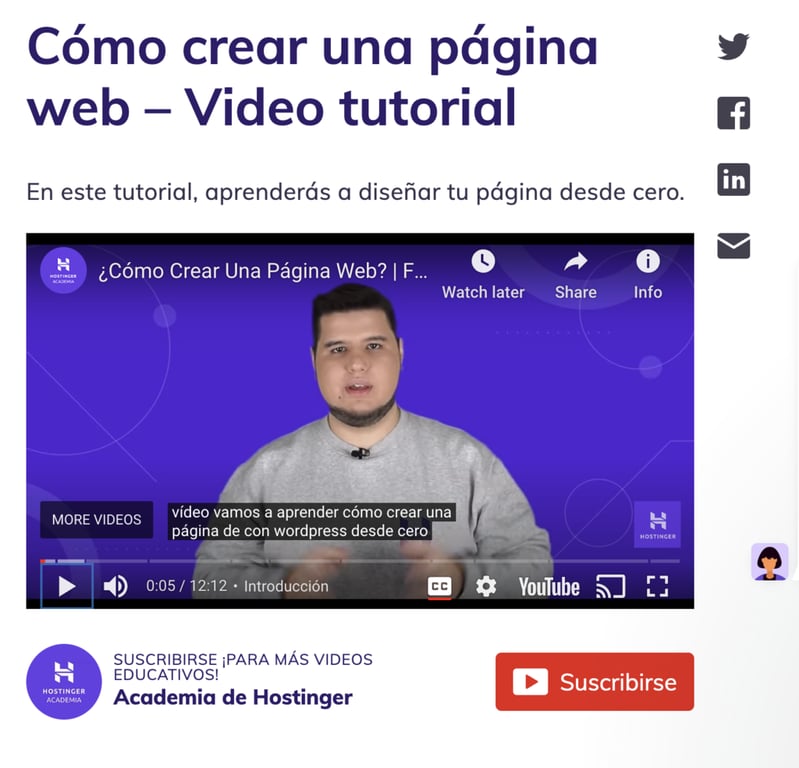 Videotutorial de la Academia Hostinger con subt&iacute;tulos autogenerados de YouTube