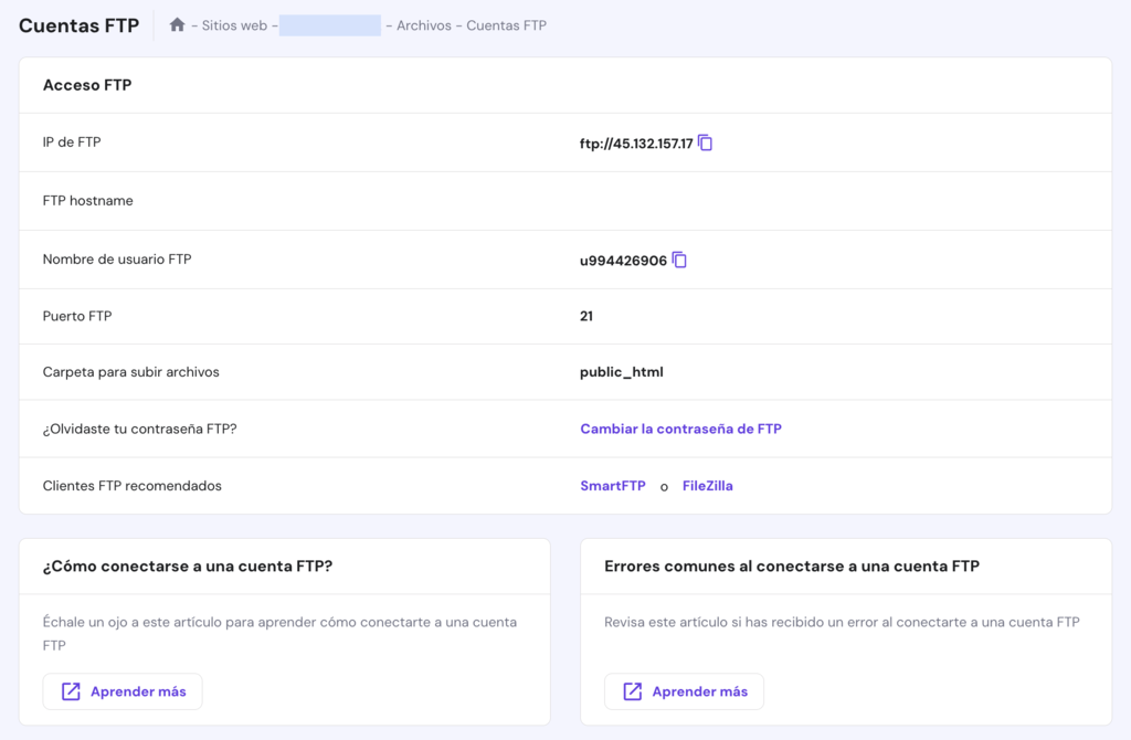 Secci&oacute;n de cuentas FTP de hPanel