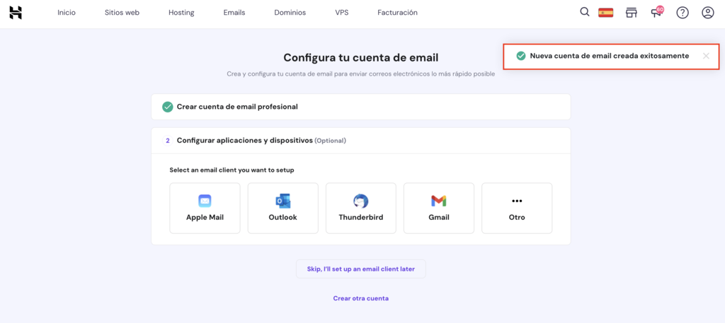 P&aacute;gina de configuraci&oacute;n Hostinger con la verificaci&oacute;n resaltada