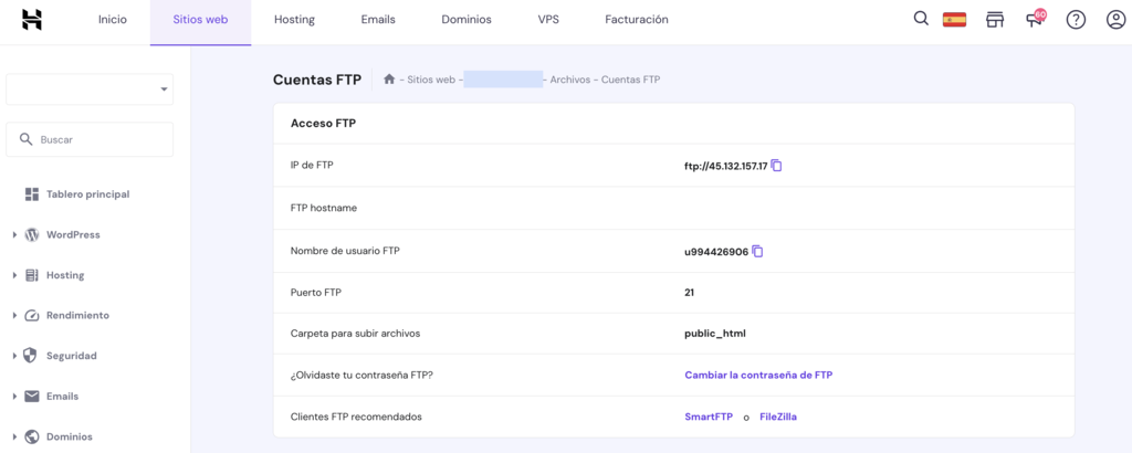 Secci&oacute;n FTP de hPanel