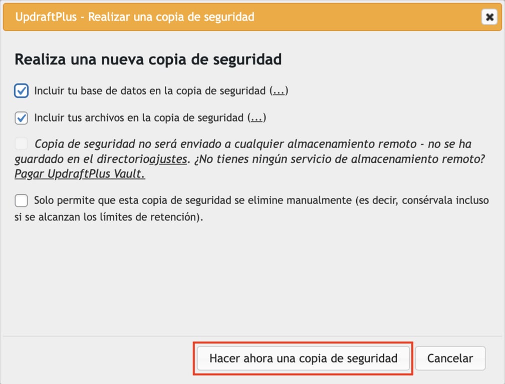 Opci&oacute;n de Hacer una copia de seguridad de WP