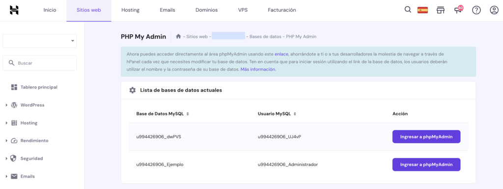 Secci&oacute;n PHP MyAdmin de hPanel
