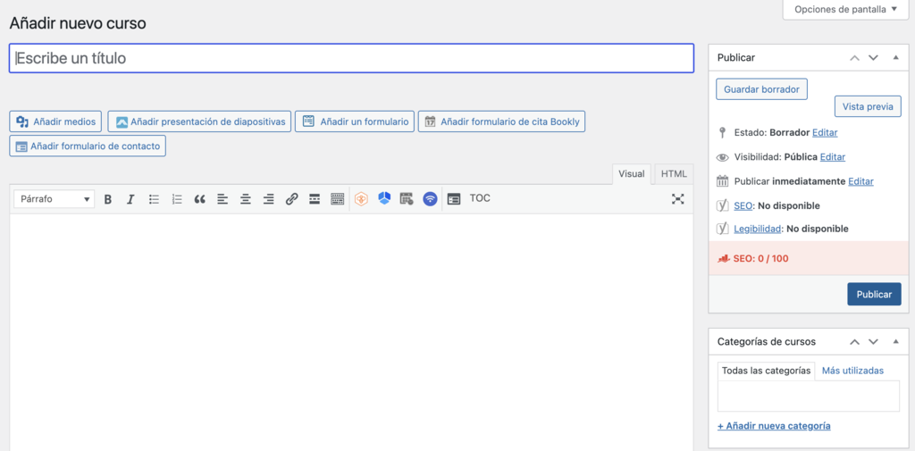 Secci&oacute;n para a&ntilde;adir cursos en Tutor LMS