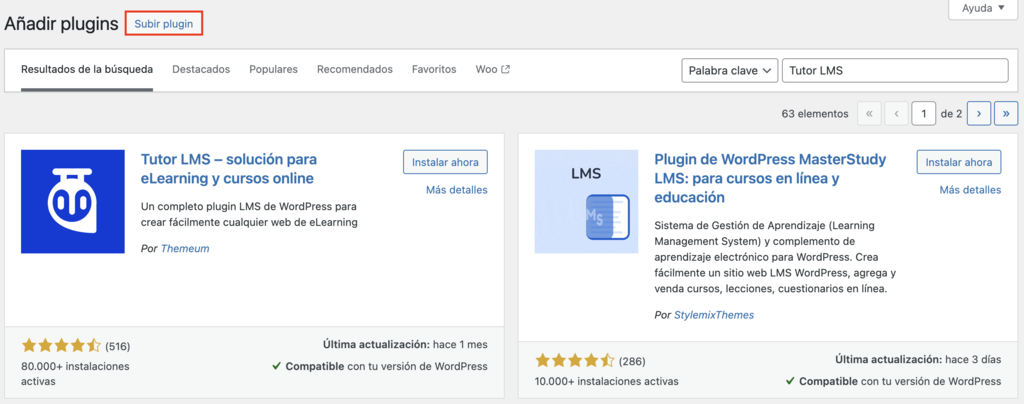Secci&oacute;n de A&ntilde;adir plugins de WP