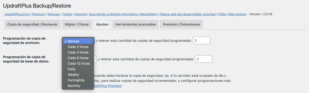 Programaci&oacute;n de copia de seguridad de archivos de UpdraftPlus